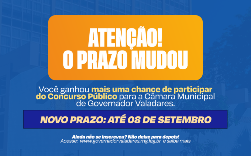 Inscrições para concurso da Câmara de Governador Valadares são prorrogadas até 8 de setembro